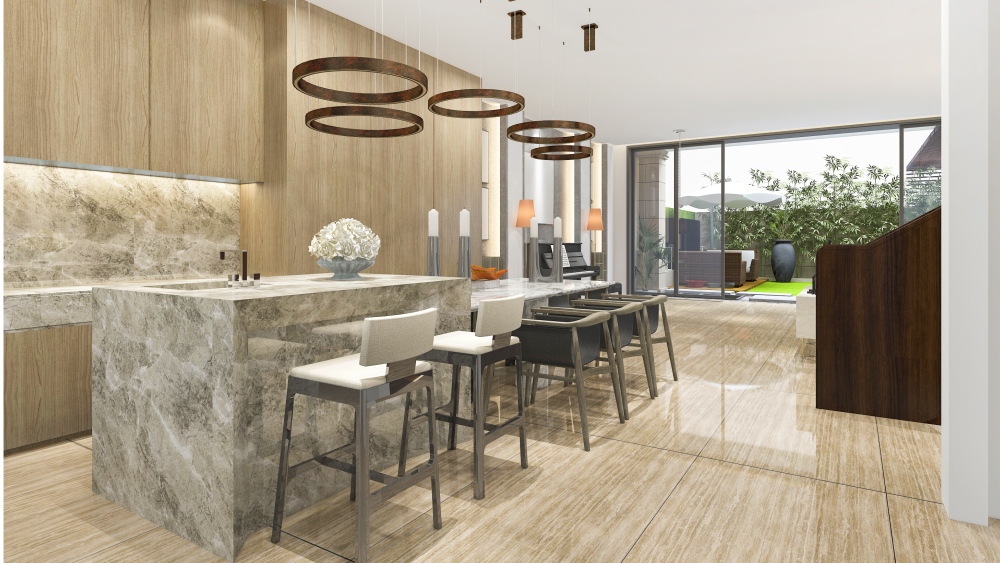 Cozinha moderna com ilha central em pedra